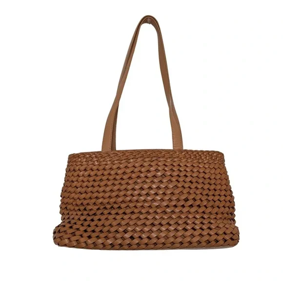 Fossil 75082 Leather Woven Basketweave Shoulder Bag Tan Camel Medium Tote - Picture 1 of 10
